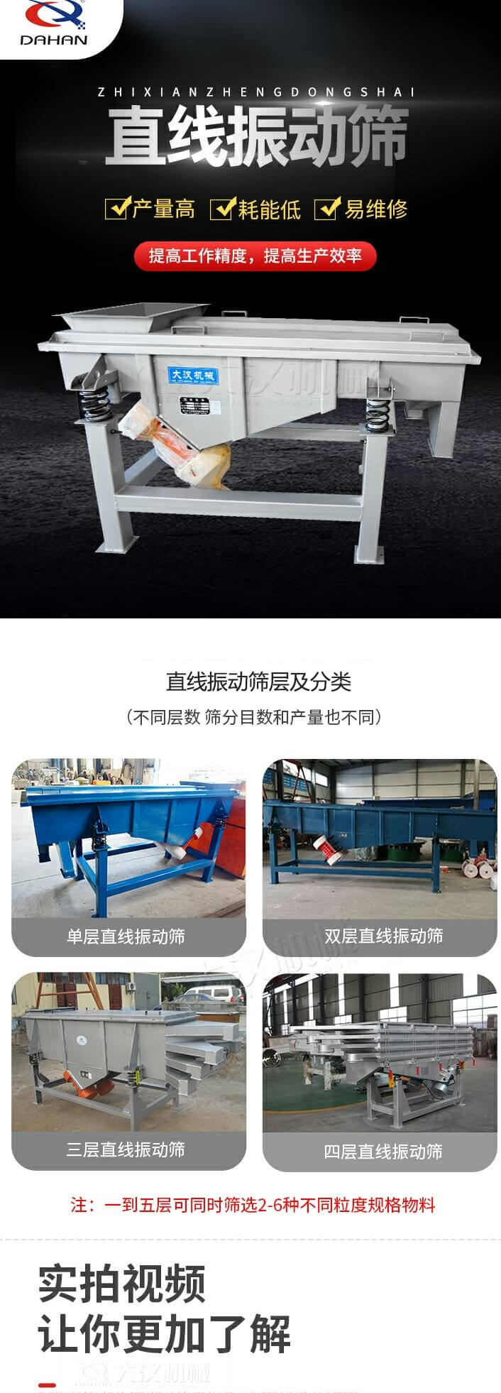直線振動篩概述,産量高,耗能低,易維修,提高工作精度,提高生産效率,直線振動篩層級分類:不同層數,篩分目數和産量也不同:單層,雙層,三層,四層等。