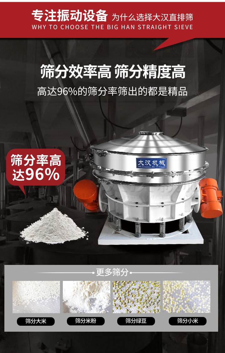 直排篩适用物料有面粉,澱粉,洗衣粉,金屬粉,添加劑,化工,非礦等行業。