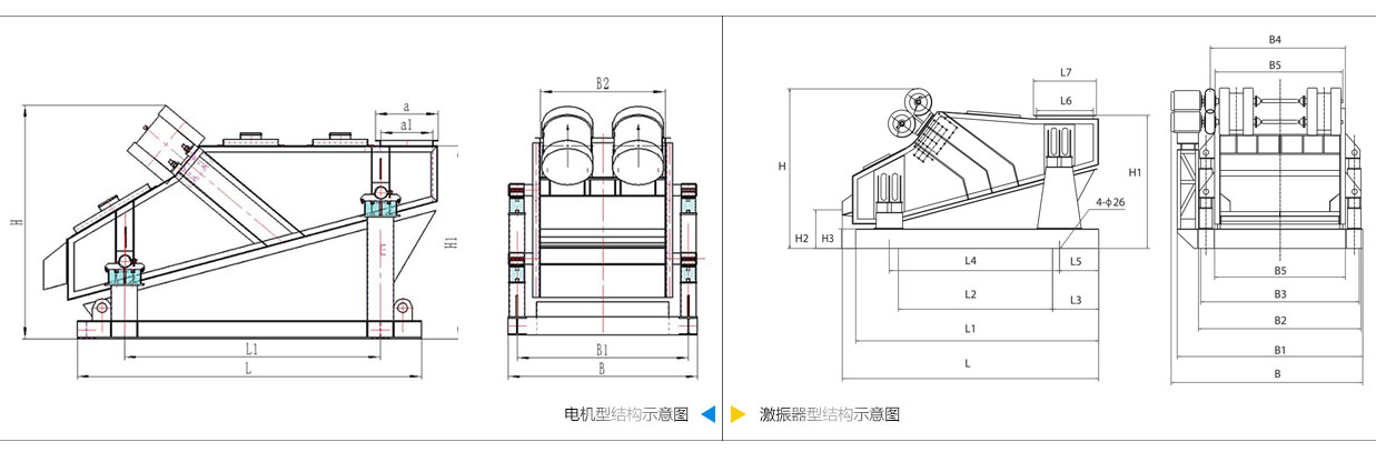 礦用振動篩電機振動式和激振器振動式的内部結構尺寸圖。